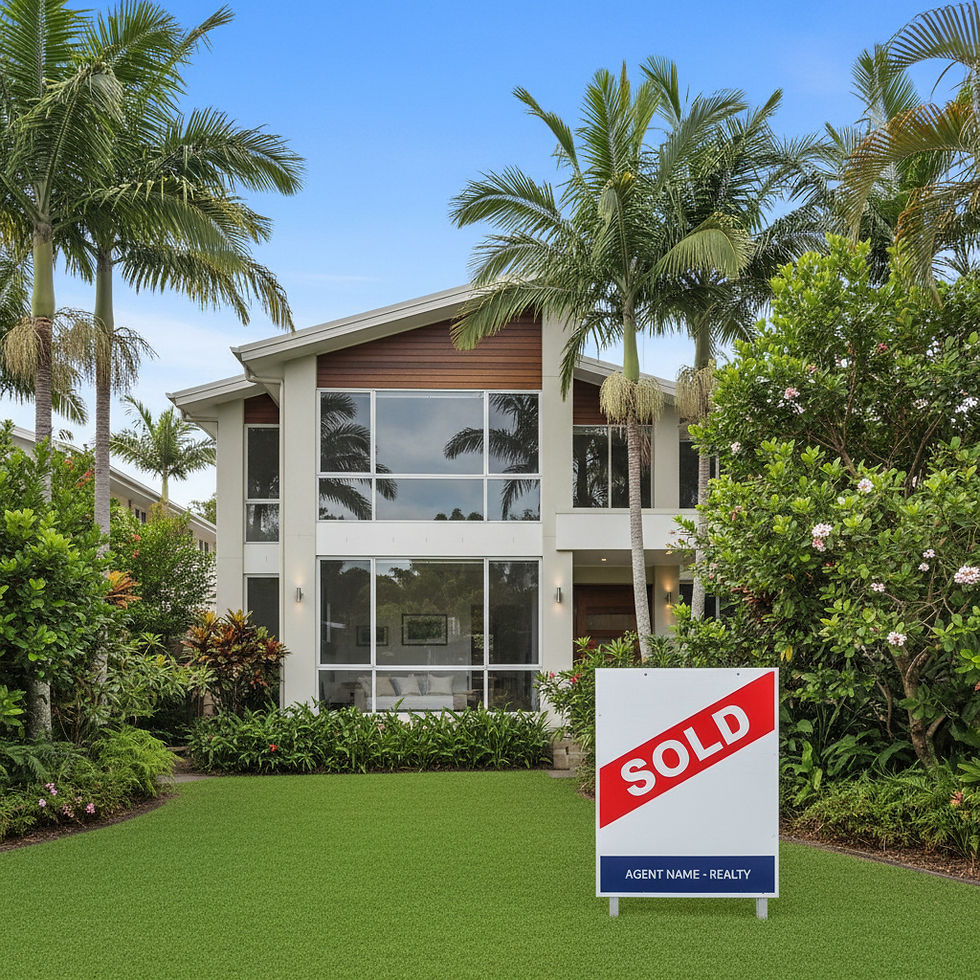 View from eye level of a contemporary Queensland house featuring a "Sold" sign on the front lawn