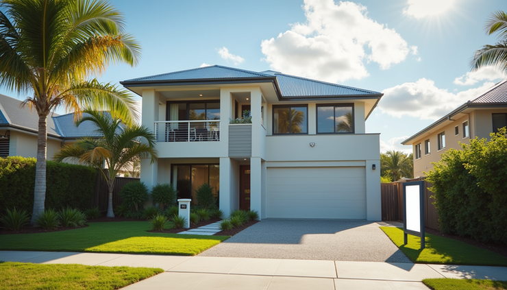 Eye-level view of a modern house with a "For Sale" sign on the Sunshine Coast