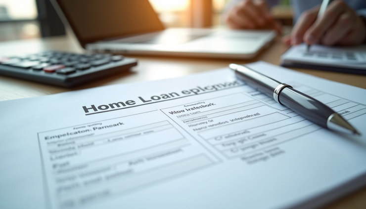 Eye-level view of a stack of home loan application documents on a desk