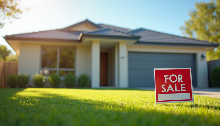 Eye-level view of a modern Queensland home with a "For Sale" sign on the front lawn