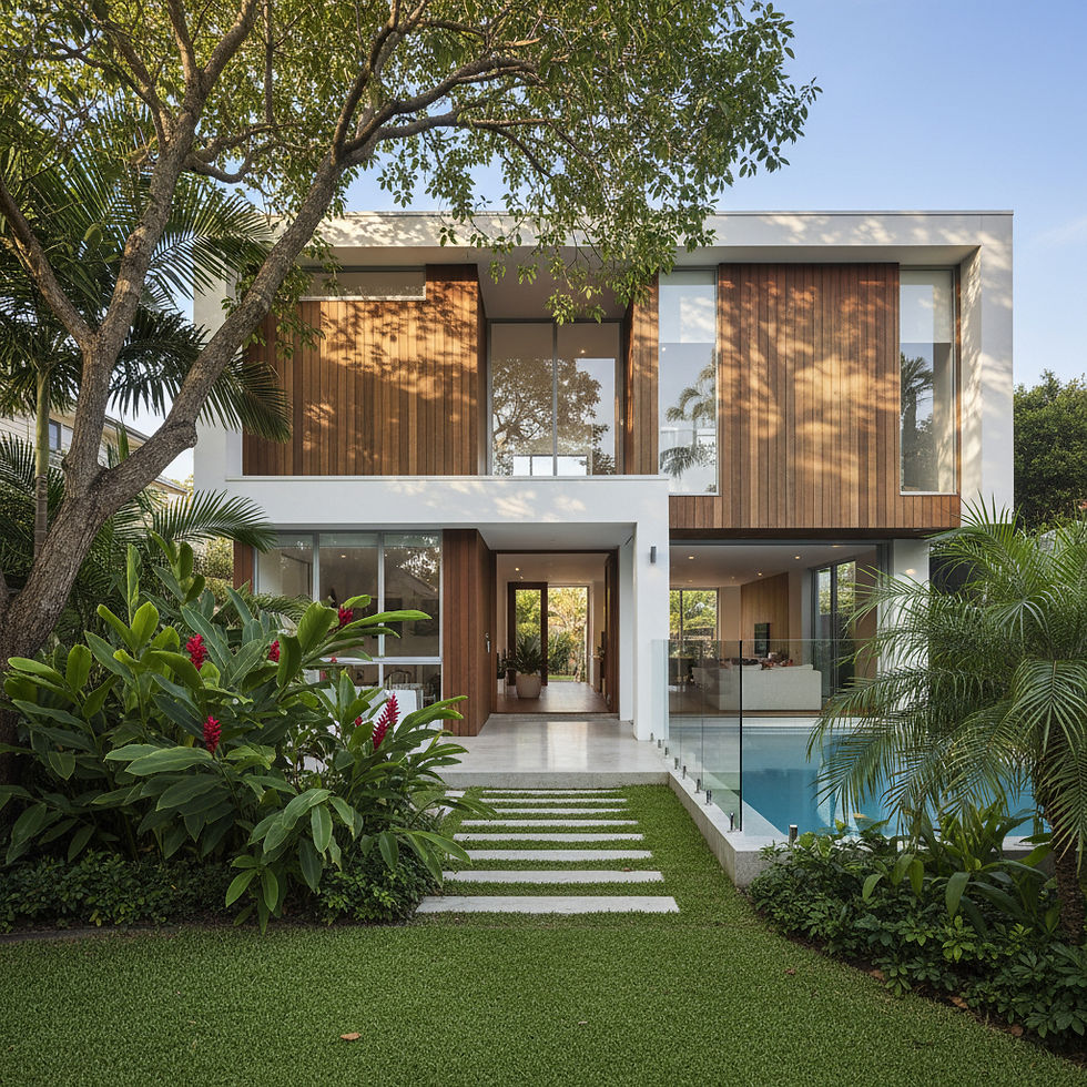 Eye-level view of a modern Queensland home with a garden in front