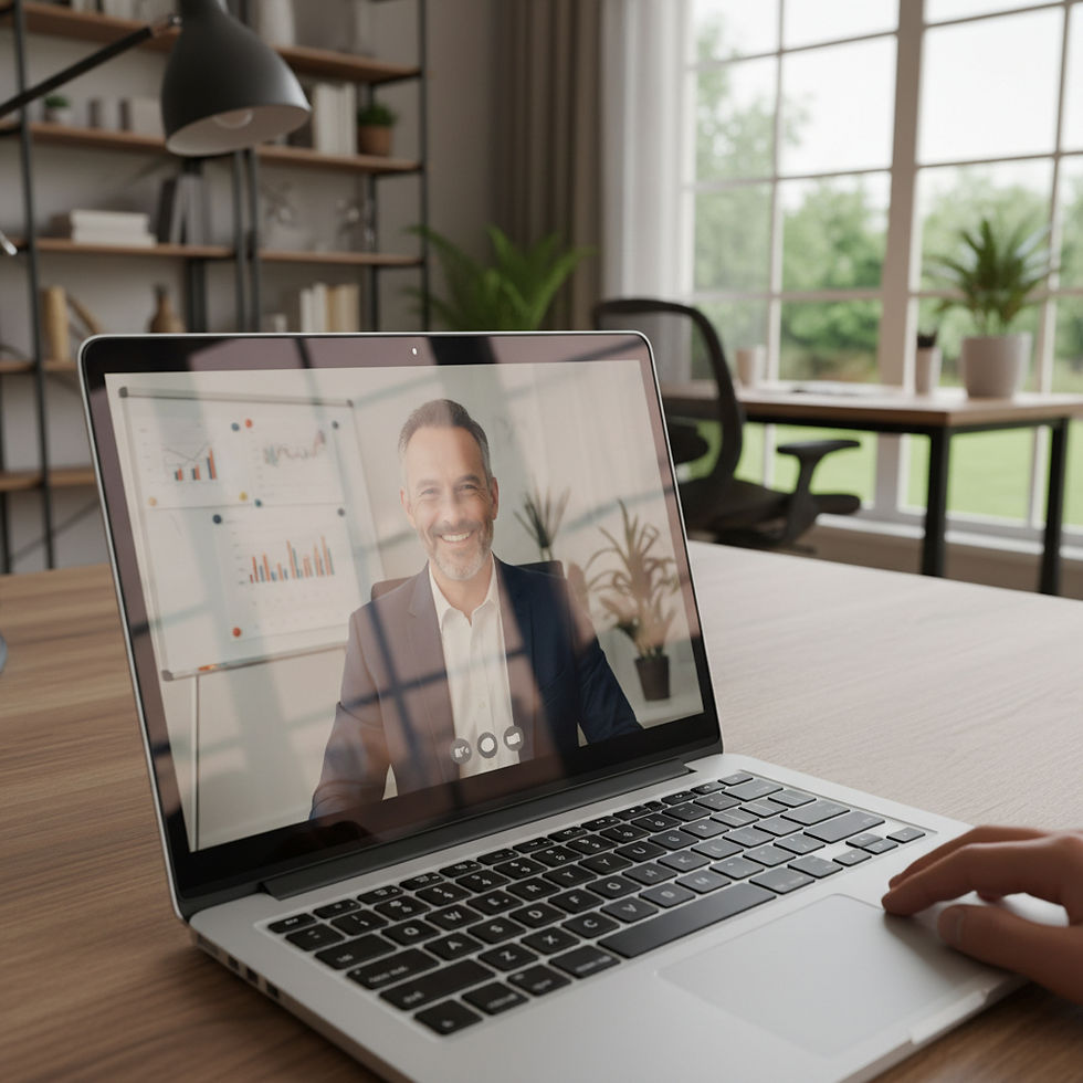 Eye-level view of a laptop screen showing a video call with a mortgage broker