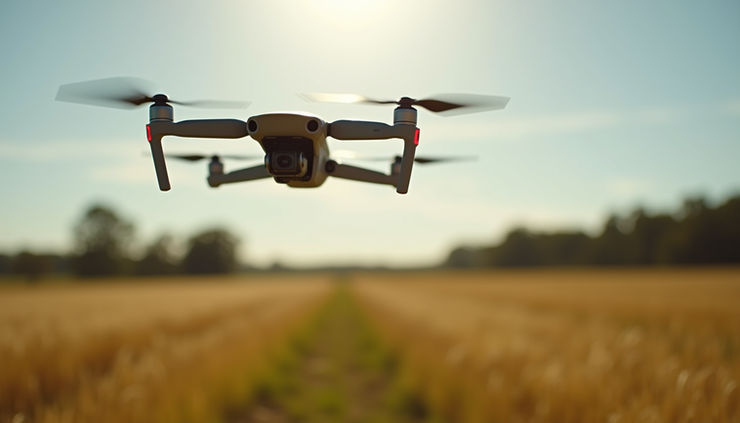 Eye-level view of a drone flying over a Queensland farm field during daylight