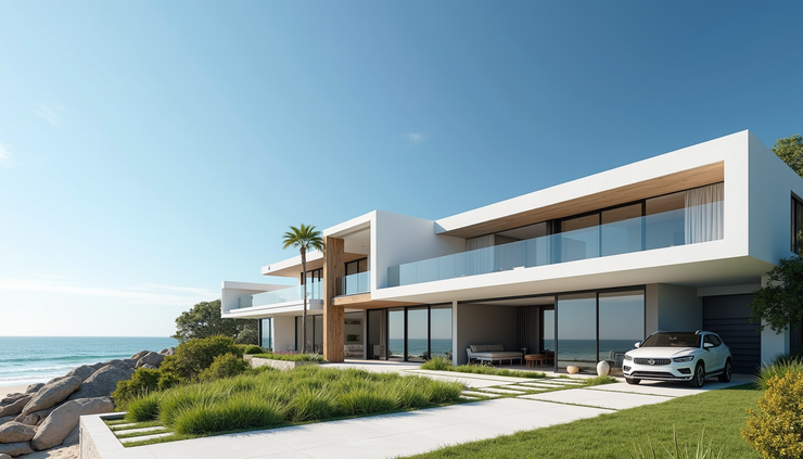 Eye-level view of a modern Sunshine Coast beachfront home with clear blue sky