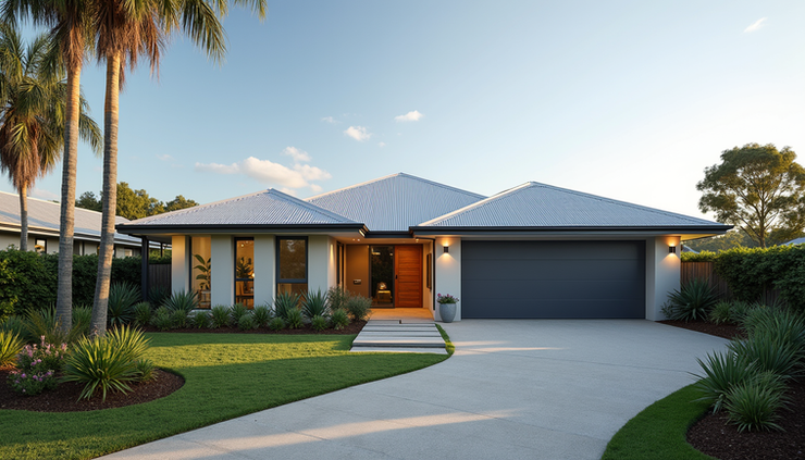 Eye-level view of a modern Sunshine Coast home exterior with clear blue sky