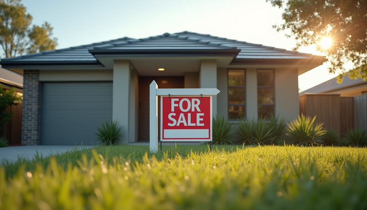 Eye-level view of a modern Australian suburban home with a "For Sale" sign