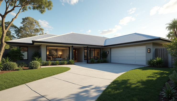 Eye-level view of a modern Sunshine Coast home with a landscaped garden