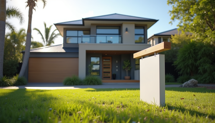 Eye-level view of a modern Sunshine Coast home with a "For Sale" sign in the front yard