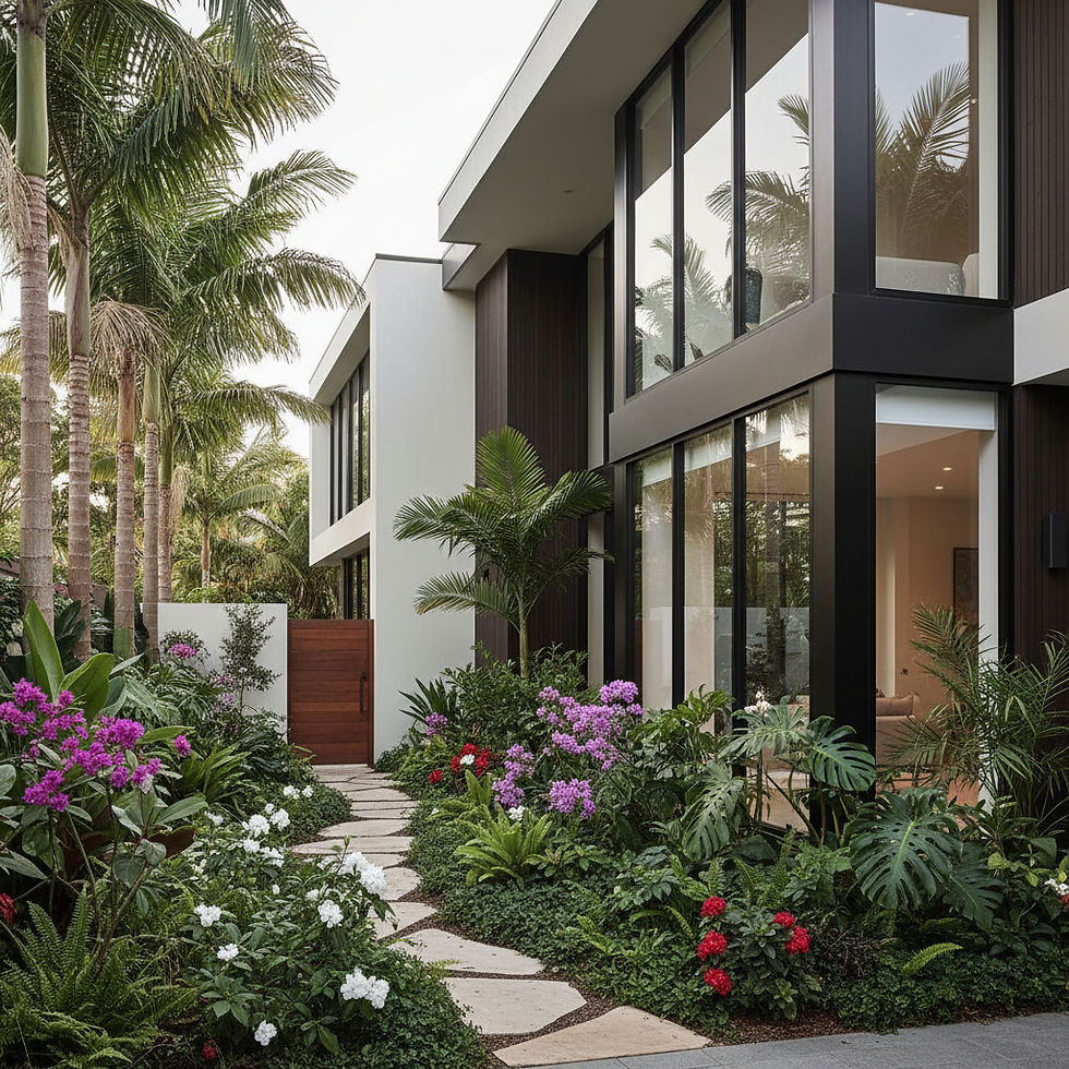Eye-level view of a modern Queensland home exterior with landscaped garden