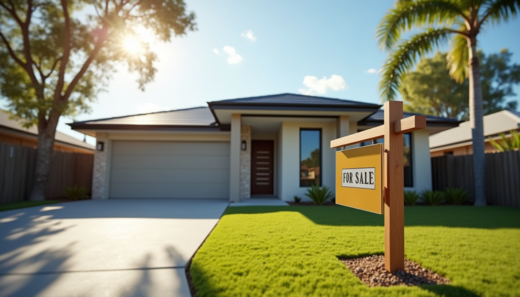 Eye-level view of a modern Sunshine Coast home with a "For Sale" sign in front