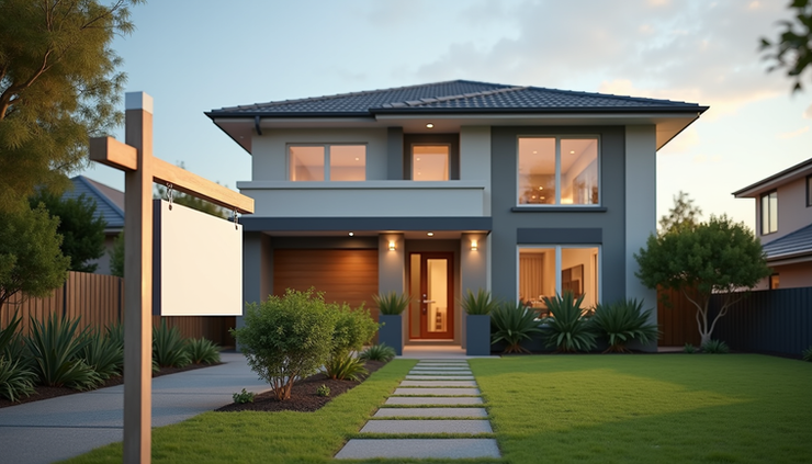 Eye-level view of a modern Sunshine Coast home with a "For Sale" sign in the front yard