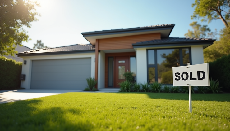 Eye-level view of a modern Sunshine Coast home with a "Sold" sign in the front yard