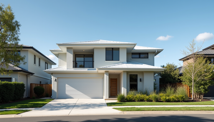 Eye-level view of a modern Sunshine Coast home exterior with a clear blue sky