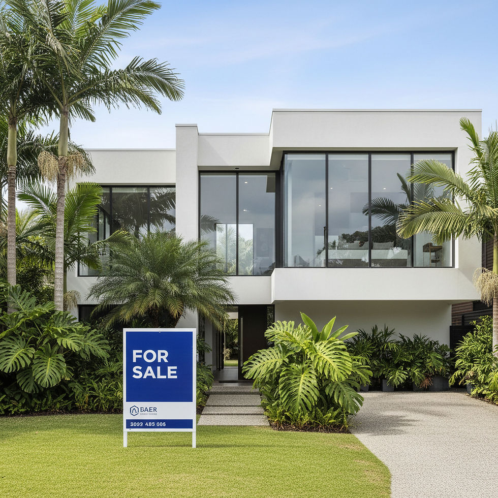 Eye-level view of a modern Sunshine Coast home with a "For Sale" sign in front
