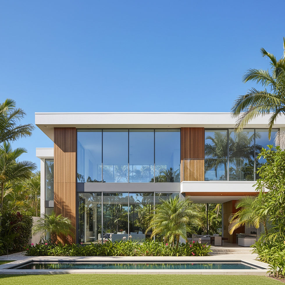 Eye-level view of a modern Sunshine Coast home exterior with clear blue sky