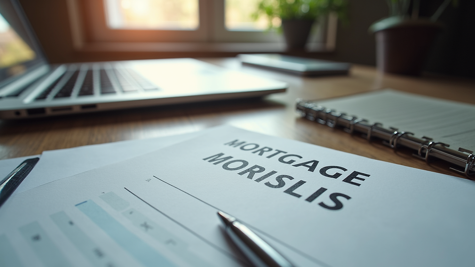 Eye-level view of a desk with a laptop and mortgage documents