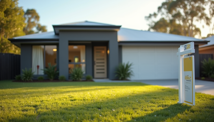 Eye-level view of a modern Sunshine Coast home with a "For Sale" sign in the front yard